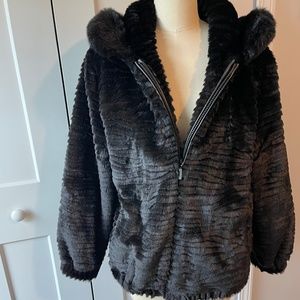 Gallery Black Faux Fur Hooded Adorable Black Jacket/Coat- Size Medium